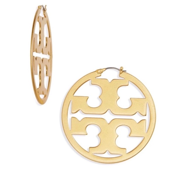 TORY BURCH • Gold Miller Logo Large Statement Hoop Earrings - Picture 3 of 9